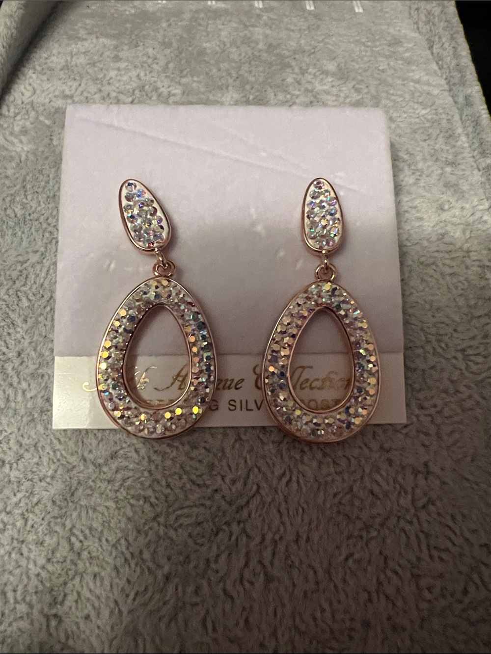 Rose Gold Teardrop Crystal Dangle Earrings - Sparkling Clear Stones